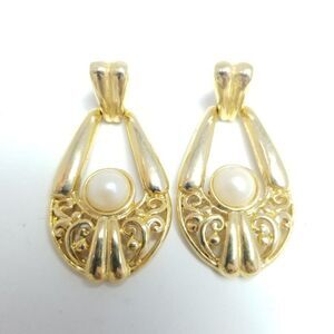 Vintage Gold Tone Faux Pearl Door Knocker Dangle Stud Earrings, Retro 80s Style